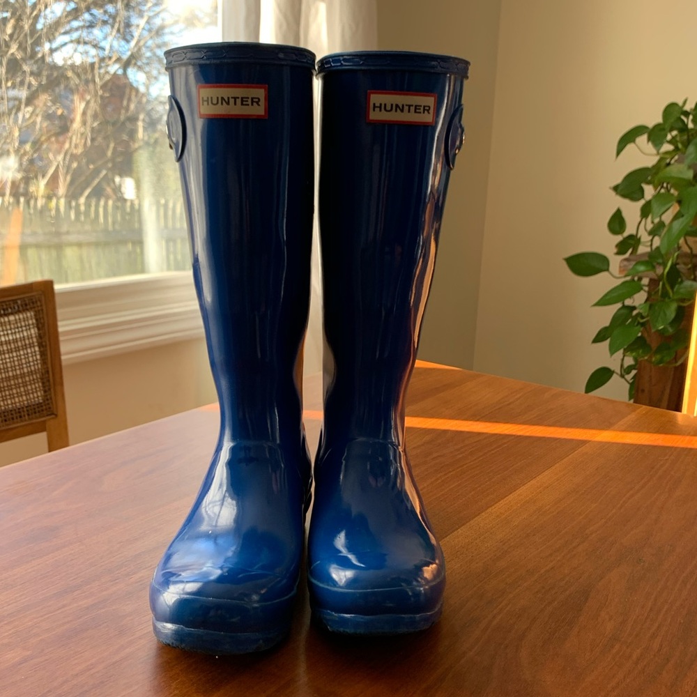 Size 5 youth hunter glossy rain boots wellies blue